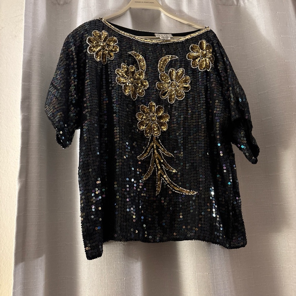 Vintage Size 20 CeeCee 100% Silk‎ Hand Beaded Blouse Sequined Bling New Years